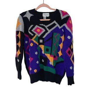 Christine Vintage Womens Sweater Size Medium Black Wool Angora Abstract V-Neck